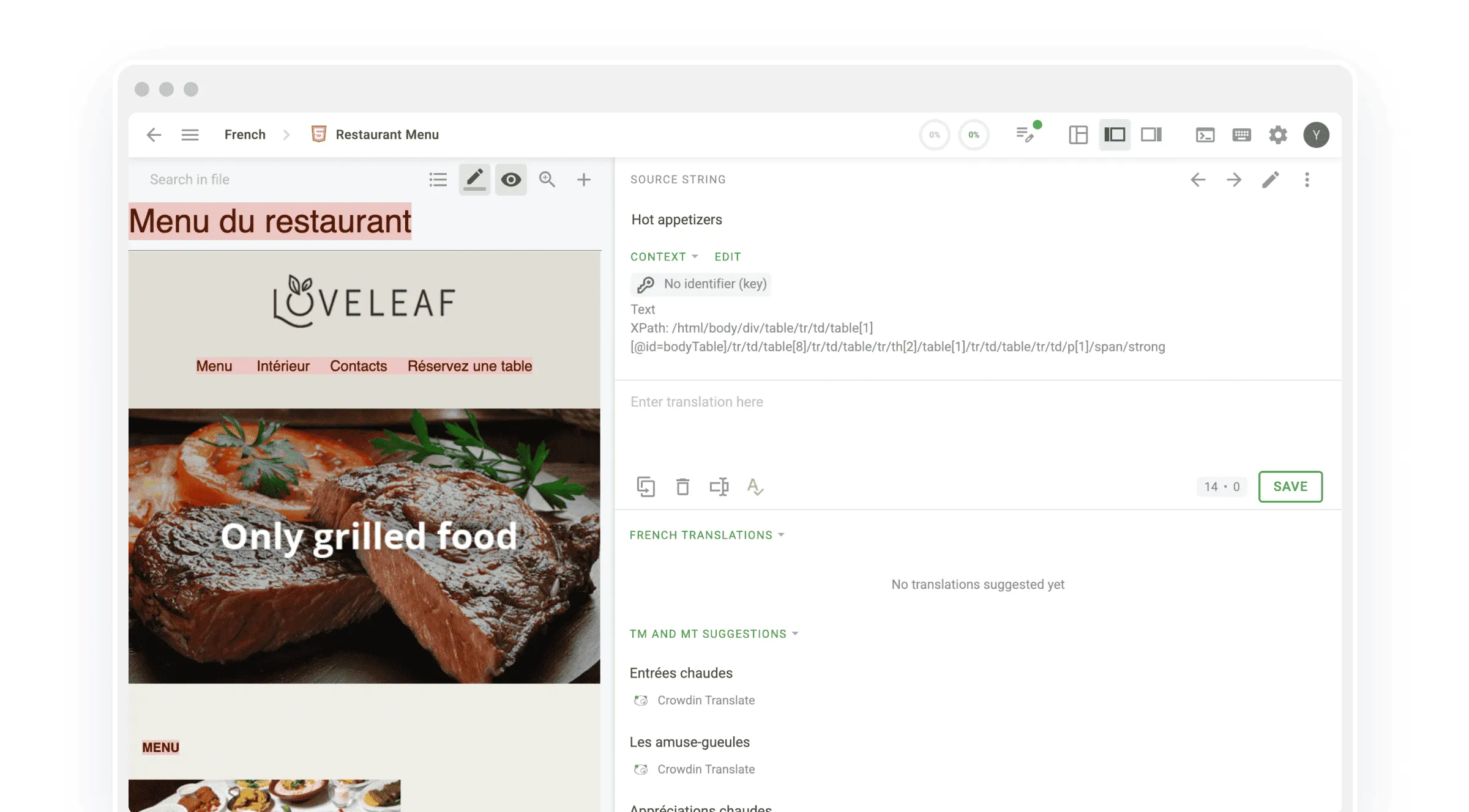 Localization of restaurant menu email