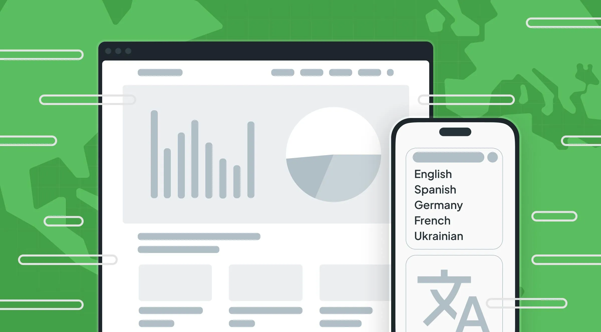 Desktop and phone screens that show localized software and graphs, with the earth in the background.